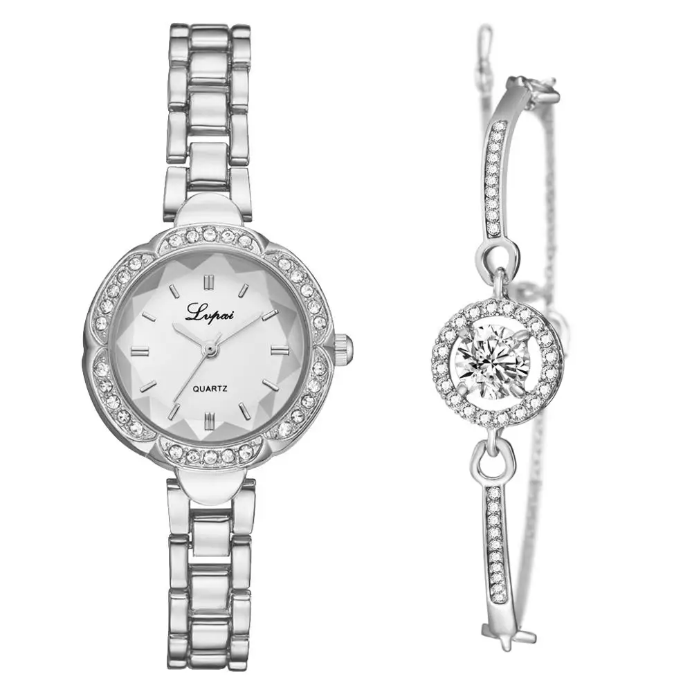 Luxury 2 PCS Set Watch Women Silver Rhinestone Bracelet Watch Jewelry Ladies Female Hour Casual Quartz Wristwatches Dropshipping 