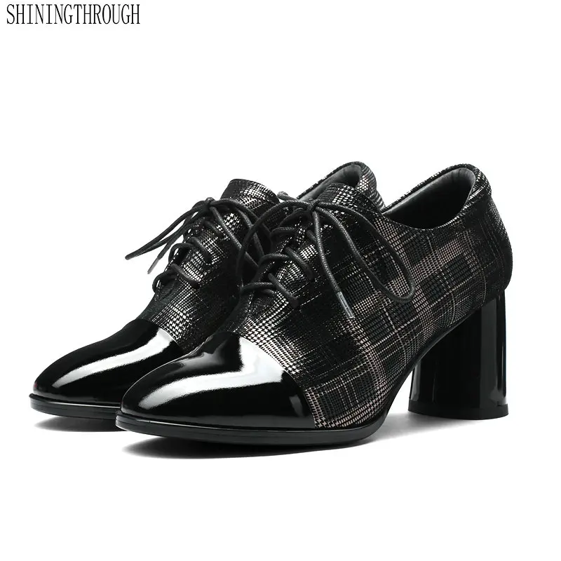 

Genuine Leather women Pumps 7cm Thick High Heels Genuine Leather Ladies Shoes Round Toe lace up Shoes Pump Size 34-42
