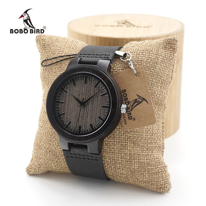 BOBO BIRD Men's Ebony Wood Watches Timepiece Genuine Leather Quartz Watch for Men Wrist Watch