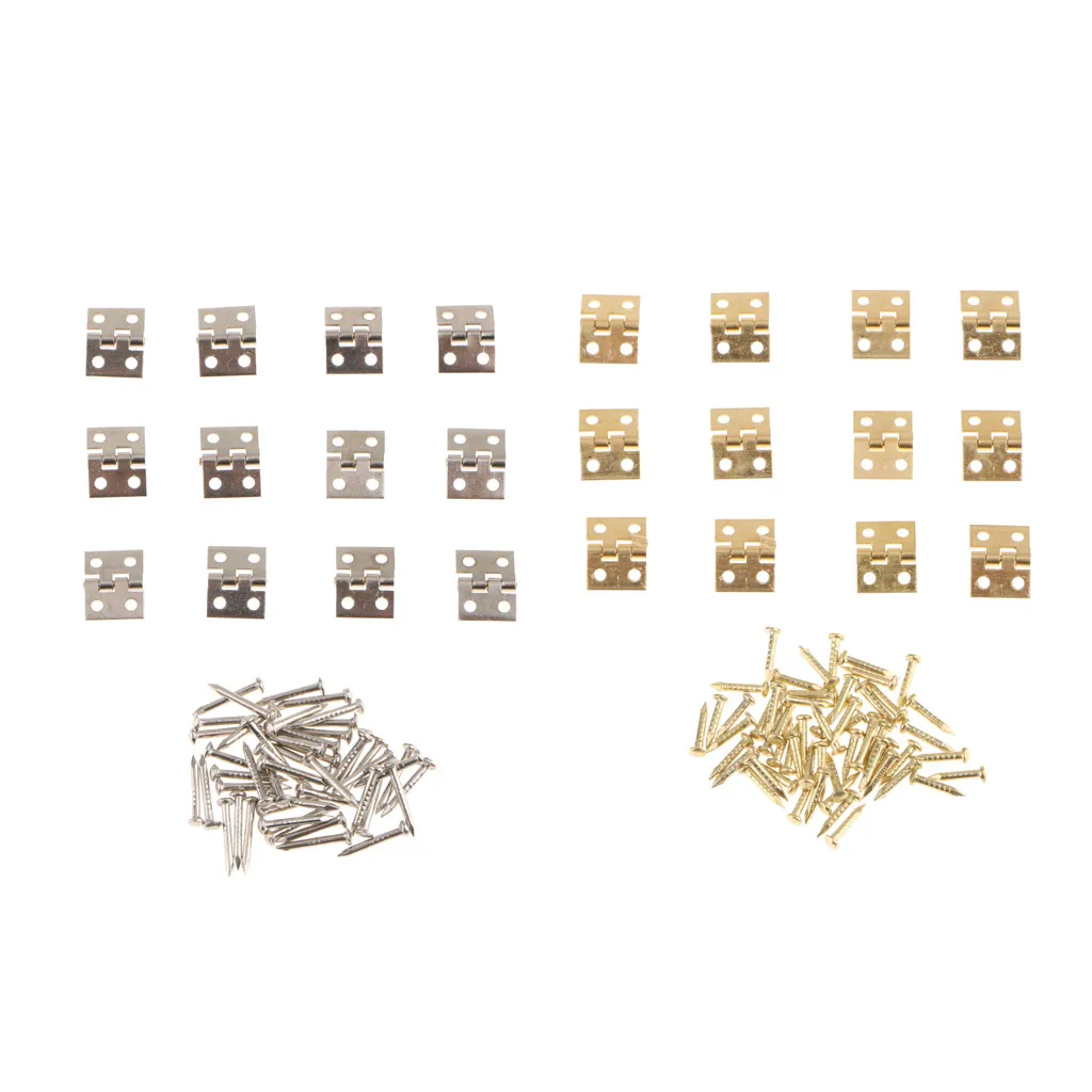 24Pcs Small Mini Metal Hinges Jewellery Box Dollhouse Hinge with Screws 8x10mm Golden and Silver Color