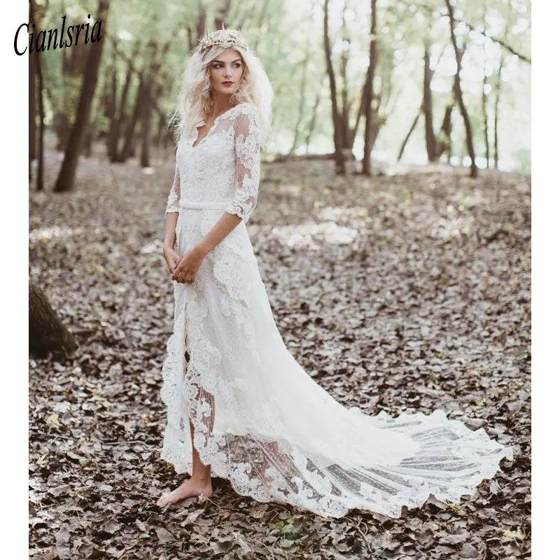 

2020 Bohemia Beach Wedding Dress Lace Half Sleeve Vestido De Noiva Sexy Backless Front split Bridal Dress