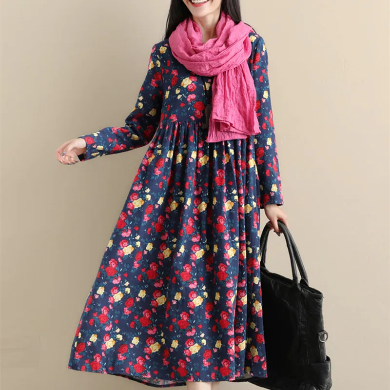 

Uego Cotton Linen Loose Spring Dress Long Sleeve Plus Size Printing Floral Vintage Dress 2019 New Women Casual Long Party Dress