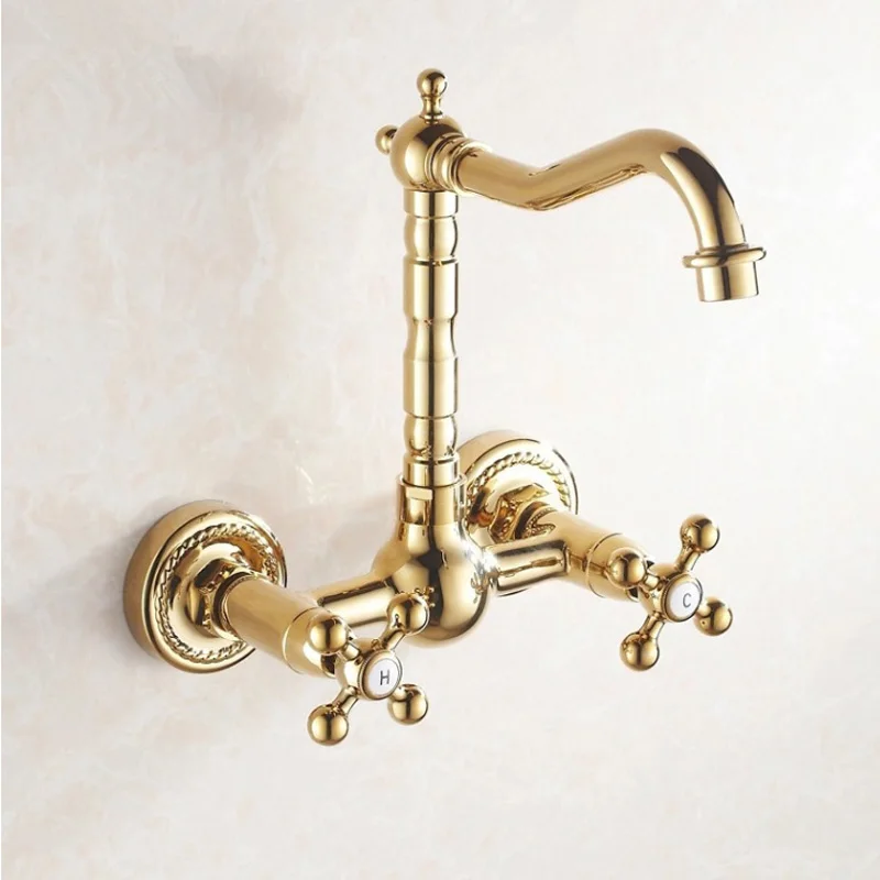 

Enter wall type double spin the aureate faucet hot and cold water sink Europe type titanium gold-plated bathroom faucet