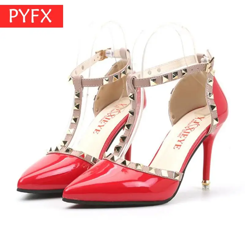 

Summer new European American fashion rivets shallow mouth T word pointed stiletto Womens Studded white Ultra high heel sandals