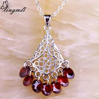 lingmei Fashion Lady Round Cut Garnet  Silver Chain Necklace Pendant Red Jewelry Free Shipping For Women Gift Wholesale