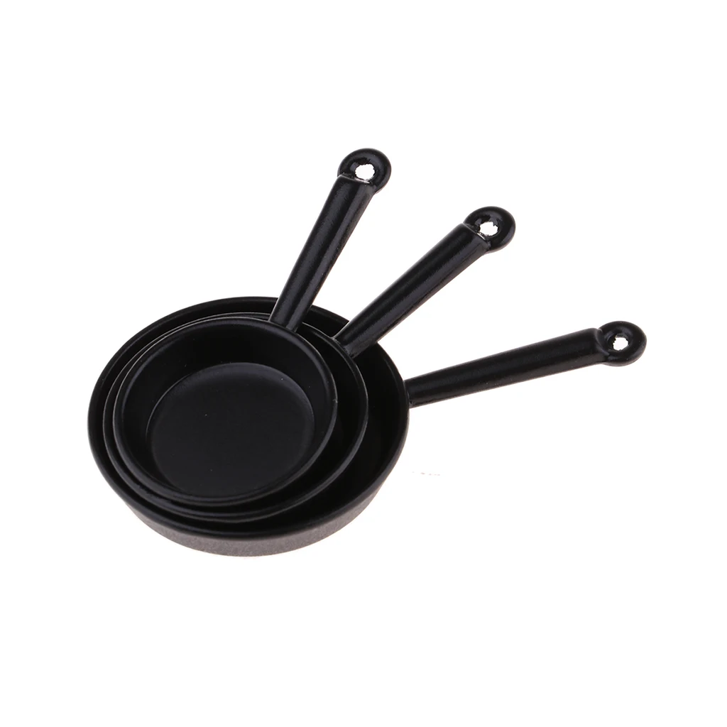 3 Pieces Miniatures Metal Pots and Pans Dollhouse Cooking Set Kitchen Utensils Accessories, Photography Props
