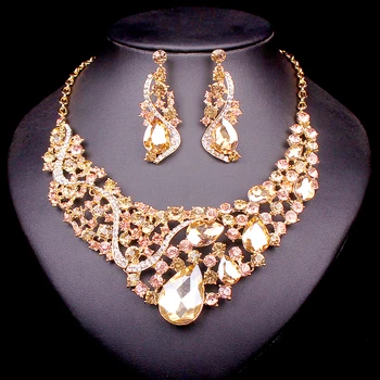 

Hot Rhinestone Gold Colour Jewellery Wedding Party Necklace Sets Bridal Jewelry Set For Women Gifts 2019 African Jewelry Set