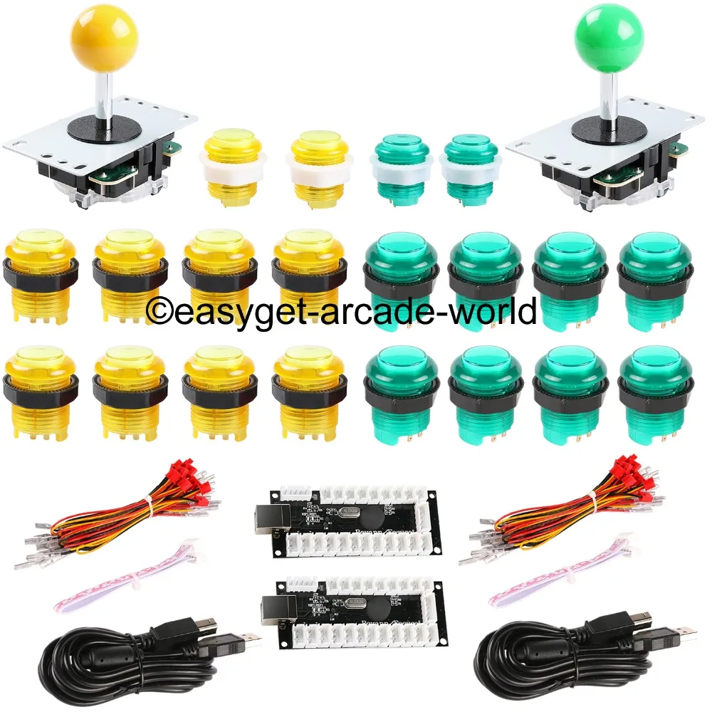 

Arcade DIY Kits Parts 2x USB Encoder + 2 x Joystick + 20 x LED Push Buttons For Arcade Mame Games Project Green+Yellow Kit Sets