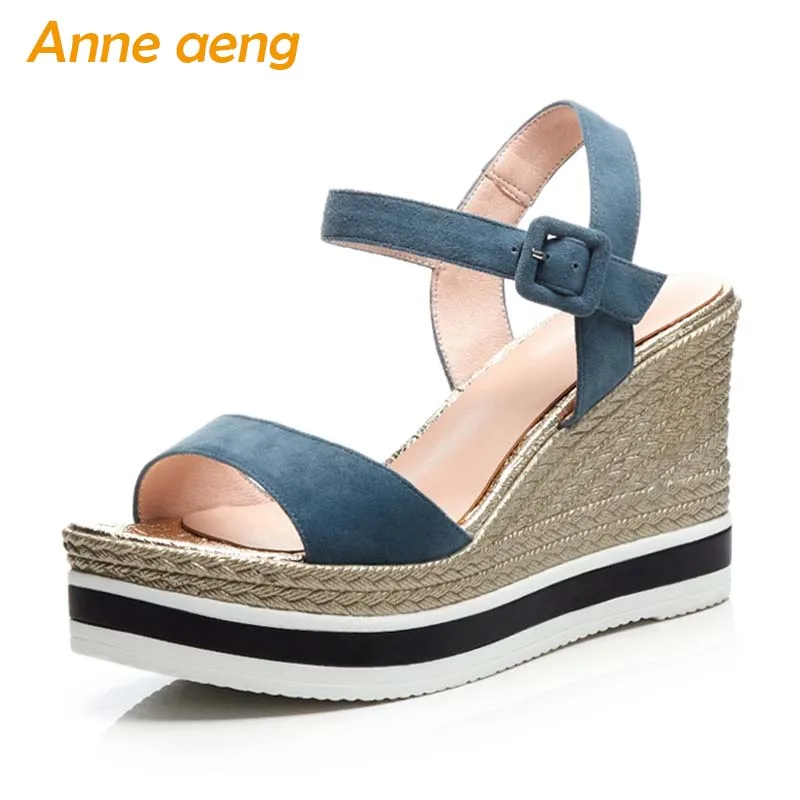 

2019 New Summer Genuine Leather Women Kid Suede Sandals High Wedge Heel Buckle Casual Fashion Women Platform Shoes Blue Sandals