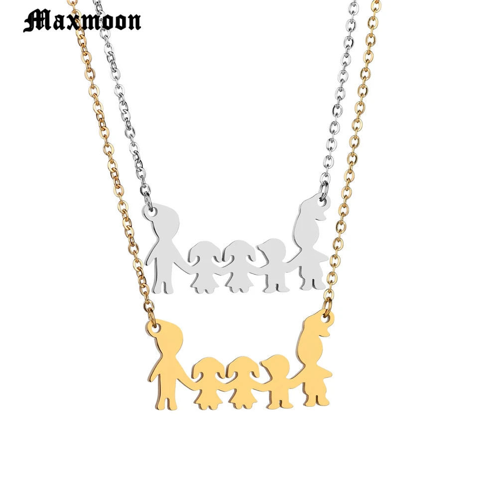 Maxmoon الأسرة قلادة أمي فتاة صبي يدا بيد Neckless ماما المعلقات القلائد الفولاذ المقاوم للصدأ قلادة مجوهرات هدية Joyeria Pendant Necklaces Aliexpress