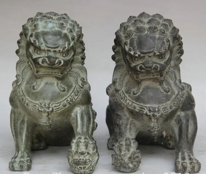 

S03234 9" Old Chinese Fengshui Bronze Foo Fu Dog Guardion Lion Statue Sculpture Pair