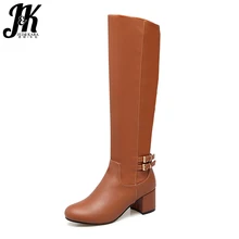 JK/; рыцарские сапоги до колена; женские теплые зимние сапоги из плюша; обувь на толстом каблуке с пряжкой и ремешком; женская обувь; большие размеры 34-43