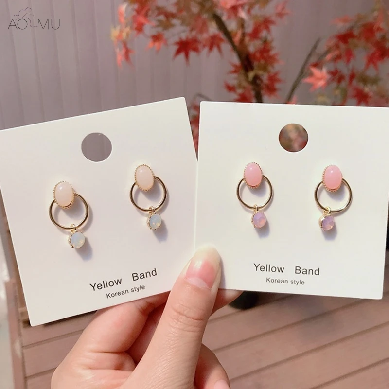 

AOMU S925 Sterling Silver Pin 2019 Geometric Hollow Round Crystal Circle Acrylic Resin Waterdrop Earrings Gifts For Women Girl