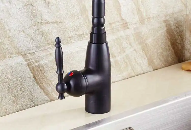 Кухонный кран Черный Масляный Матовый Ретро кран для раковины для ванной комнаты с одной ручкой Высокий арочный поворотный носик кухонный