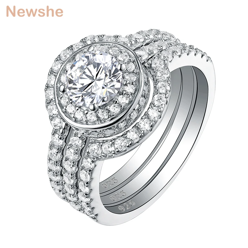 Newshe 3 шт., набор обручальных колец из стерлингового серебра 925 пробы, обручальное кольцо, 2 Ct AAA CZ, классические ювелирные изделия для женщин
