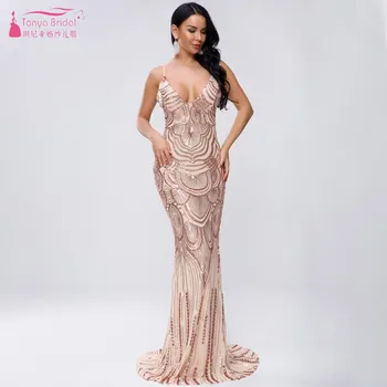 

Sexy Spaghetti Straps Deep V-Neck Backless Prom Dresses 2019 Rose Gold Sequin Elegant Long Evening Dresses JQ532