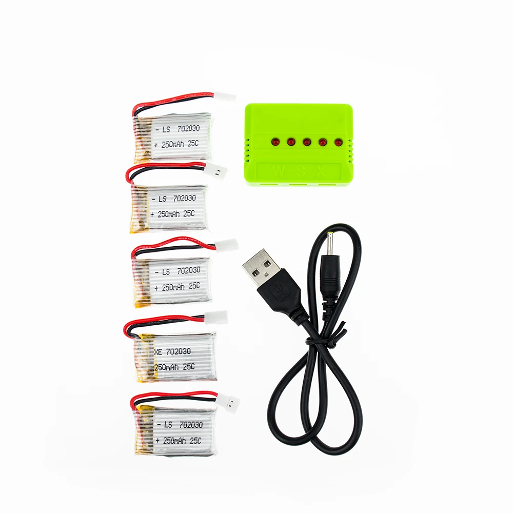 

5pcs 3.7V 250mAh 25C Drone Rechargeable Li-polymer Battery 702030 + USB Charger Set For RC JJRC JJ-1000
