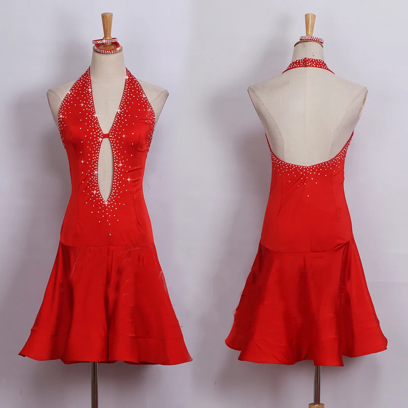 New Red Latin Dance Dresses For Women Shiny Rhinestone Backless Tango