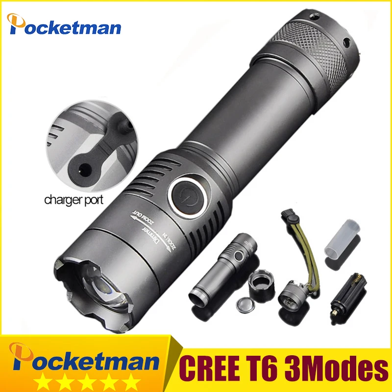 

3800 Lumens Powerful LED Flashlight CREE T6 Rechagerable Keychain Torch 3 Modes Tactical Flashlight  Zoomable Torche Lampe ZK93