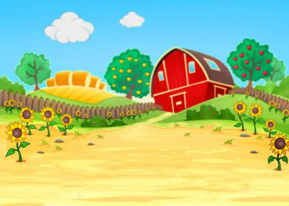 5x7ft Cartoon Farm Wood Fence Hills Red Barn Barnyard Garden