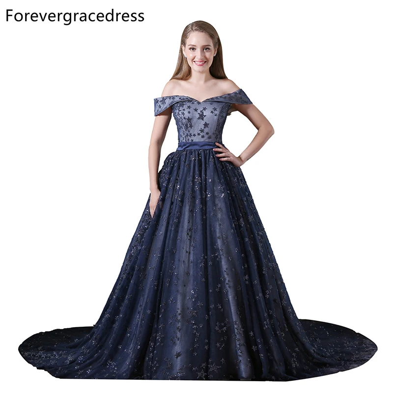 Forevergracedress элегантный Темно-синие вечернее платье линия плеча Длинные официальная Вечеринка платье плюс Размеры индивидуальный заказ