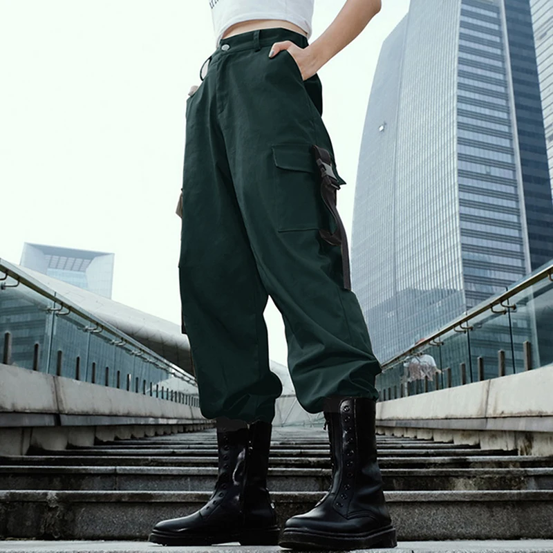 NIBESSER/черные брюки-карго с высокой талией; женские Брюки с карманами в стиле пэчворк; свободные уличные брюки-карандаш; Мода года; женские брюки в стиле хип-хоп