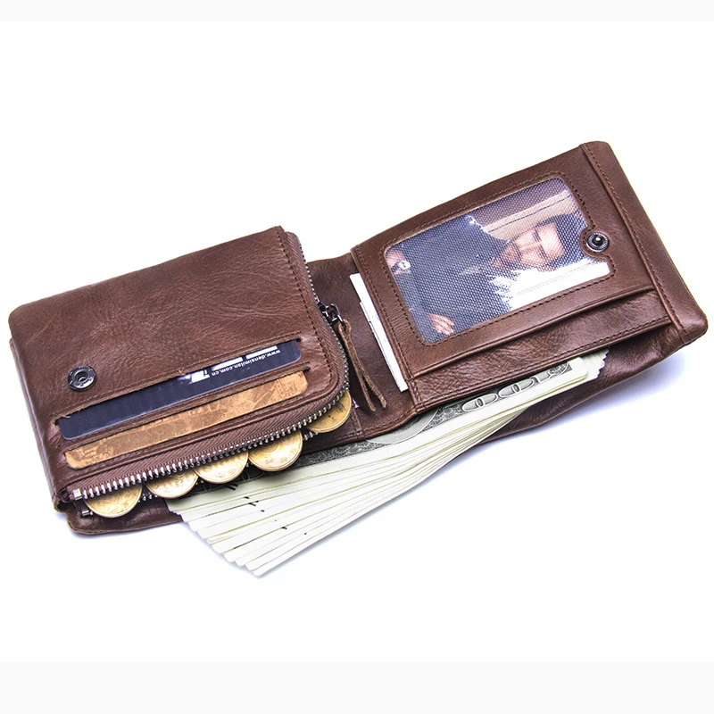 CONTACT'S Genuine Crazy Horse Leather Men Wallets Vintage Trifold Wallet Zip Coin Pocket Purse Cowh