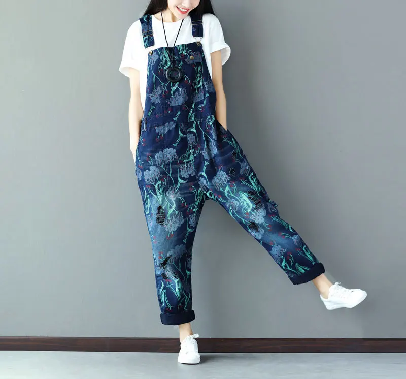 

Korean Rompers Womens Jumpsuit Plus Size Streetwear 2019 Spring Summer Cotton Denim Overalls for Women Baggy Jean Femme Print