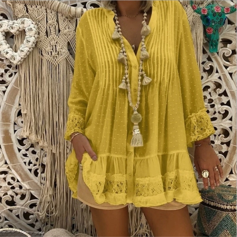 Billig Frühling Frauen Shirts 2019 Spitze Chiffon V ausschnitt Tunika Bluse Hemd Herbst Langarm Solide Lose Frauen Tops und Blusen Plus größe