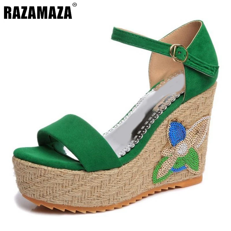 

RAZAMAZA Sexy Women High Wegdes Sandals Flower Beading Platform Sandals Summer Vacation Trfiel Shoes Women Sandals Size 35-39