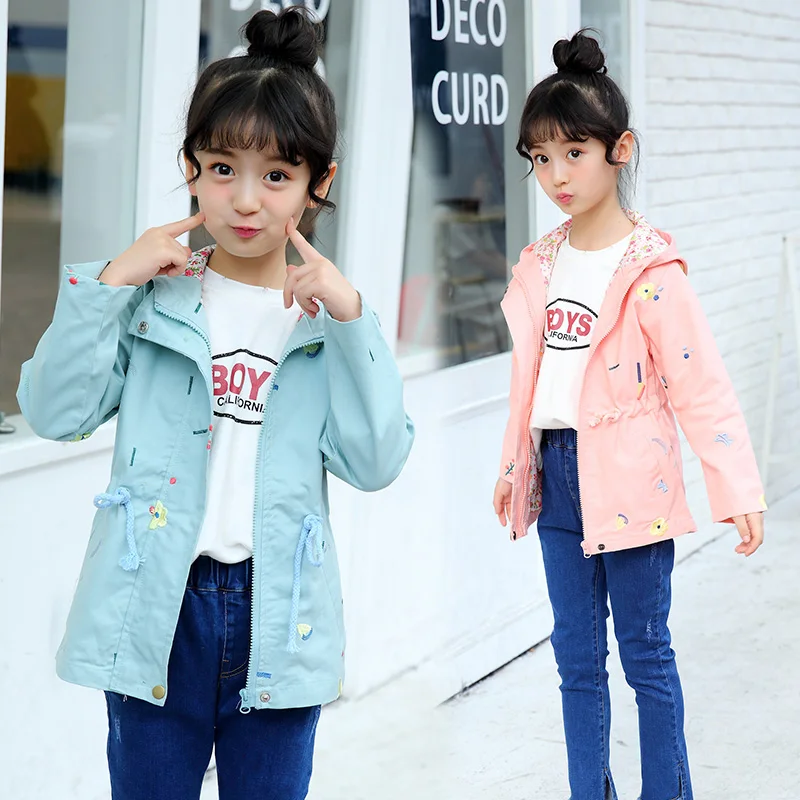 

girls windbreaker Autumn and winter trench 4-11Y Korean Floral lining Embroidered flower drawstring belt with hood Slim fit