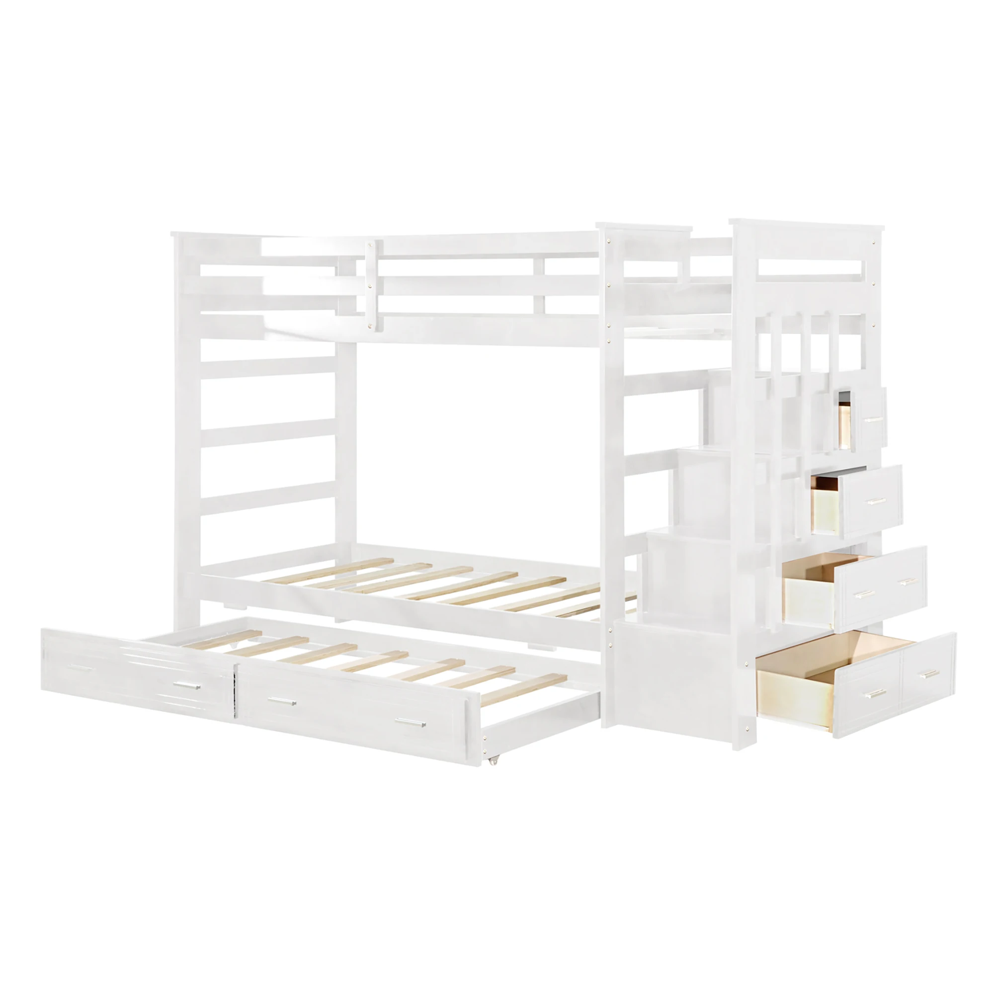 

Twin Over Twin Bunk Bed with Trundle Staircase and 4 Drawers In The Steps and a Twin Trundle Solid Wood Bunk Bed for Kids White