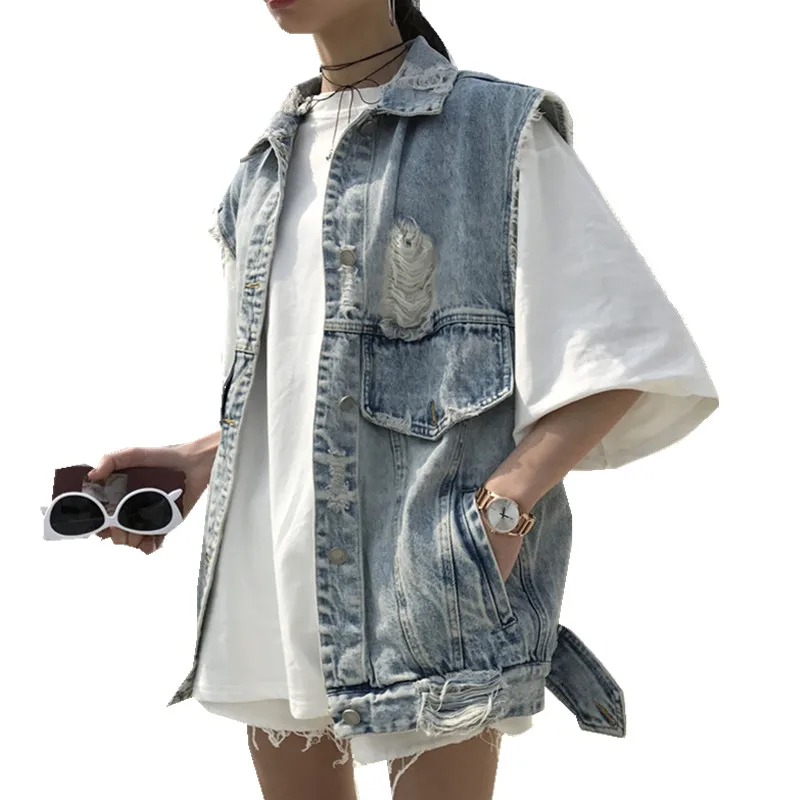 Women 2019 Spring Washed Big Hole Fringed Distressed Denim Vest Waistcoat Female Vest for Women Ssleeveless Jacket 3021