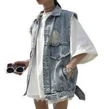 Women 2019 Spring Washed Big Hole Fringed Distressed Denim Vest Waistcoat Female Vest for Women Ssleeveless Jacket 3021