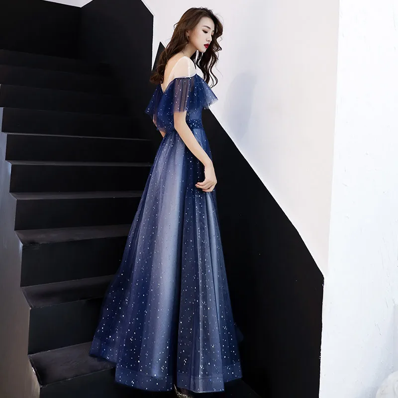 Вечернее платье, пикантное темно-синее вечернее платье с блестящими звездами и оборками, Длинные вечерние платья, размер XS-3XL