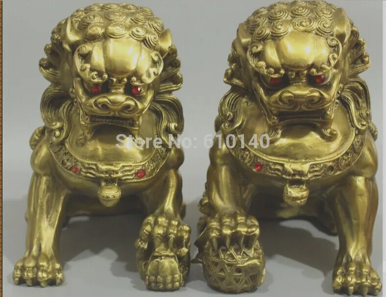 

Chinese Folk Bronze Copper Guardian Foo Fu Dog Phylactery Door Lion Pair Statue