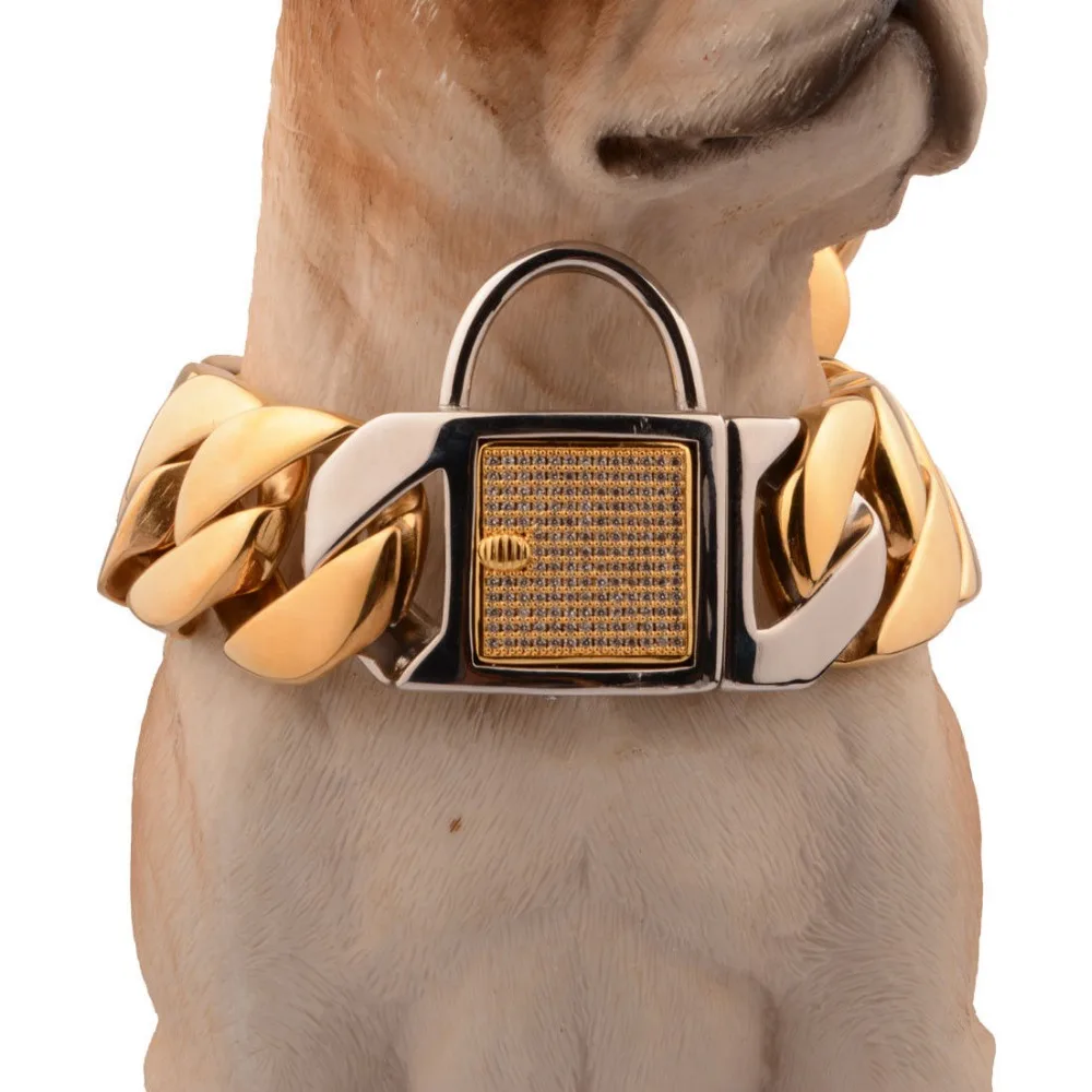 

18-26" 31MM New Huge Duty Strong Stainless Steel Silver Gold Lock Buckle Pet Dog Cuban Curb Chain Training Choke Collar Pit Bull