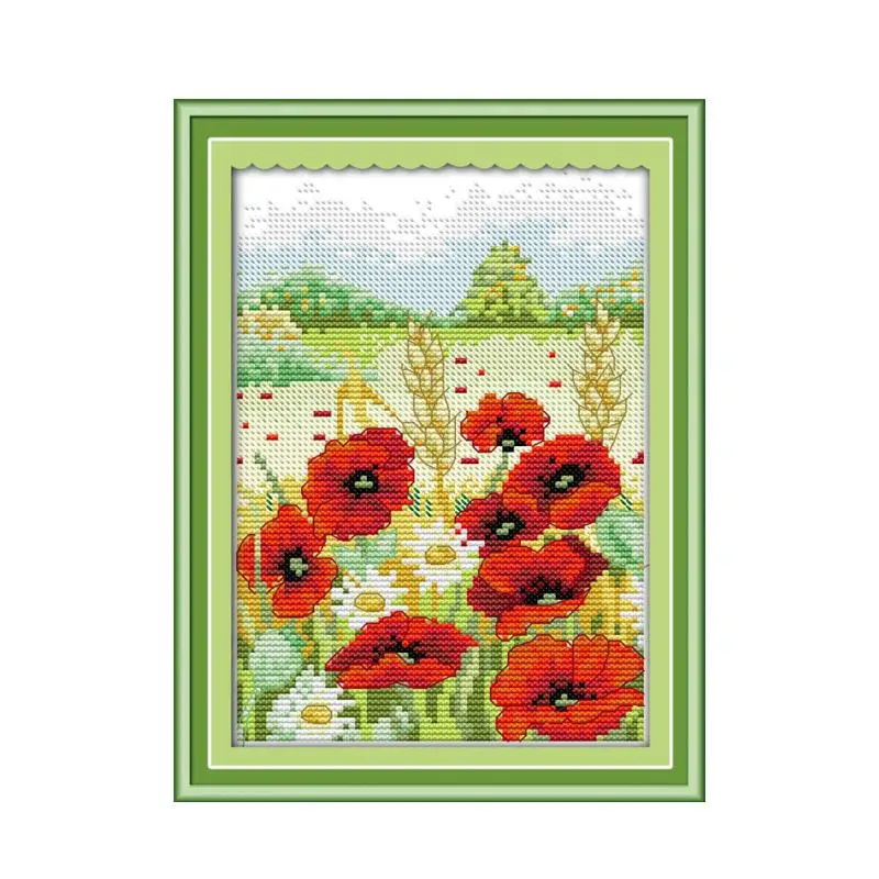 

Small cross stitch printing poppies in the wild spring and beautiful landscapes handicrafts decorative painting