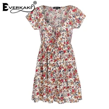 Everkaki 2018 Summer Women Boho Floral Print Mini Dress Vestidos Bow A Line Dress Deep V