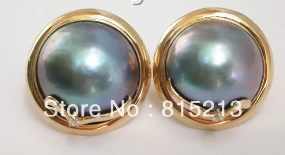 

FREE SHIPPING>>> wb00194 Genuine 19mm real South Sea black Mabe Pearl Earrings 14KT