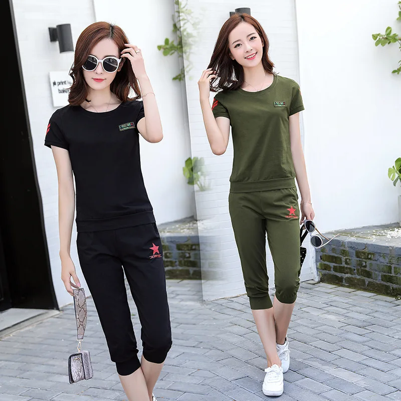 Summer Tracksuits Two Piece Women Set Short Sleeve Tops and Capri Pants Suits Women Casual Sporting Suits 2pcs Sets Clothing Set