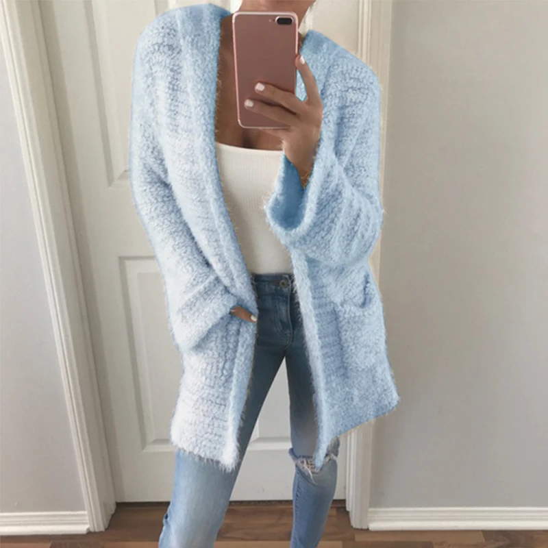 

Long Knitted Hooded Sweater Loose Sweater Cardigan Outwear With Pocket Femme Open Stitch Autumn Warm Women Casual Cashmere