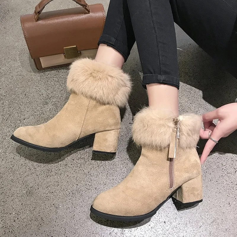 

Short boots women's new Martin boots round head with thick with rabbit fur high-end temperament suede women's boots