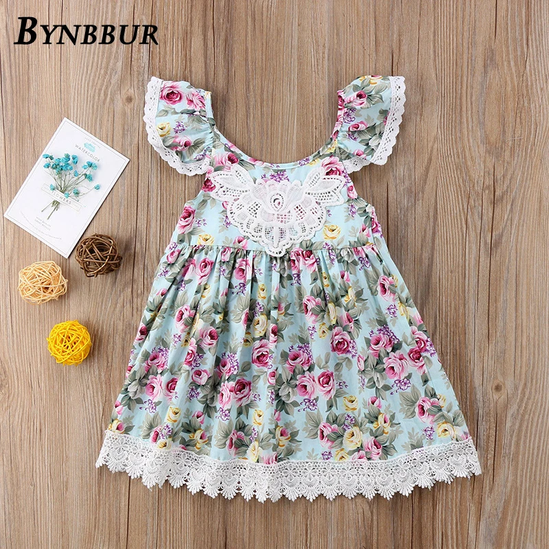Bynbbur Lace Patchwork Floral Print Dress Girls Party Dress Sleeveless Cute Baby Backless Kid Girl Mini Dress 2019 Summer New