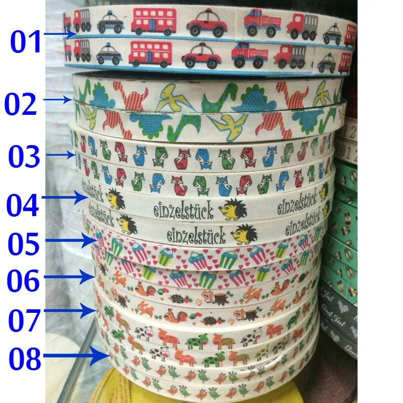 

5/8" 15MM 100YARD/LOTS SINGLE FACE PRINTED ANIMA 100% COTTON RIBBON CARTOON LACE CAR/FOX/DINOSAURS/HEDGEHOG/CAKE/BIRD