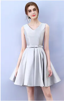 

Grey Bridesmaid Dress Above Knee Mini Dress Satin Women Wedding Party Dress Back of Bandage