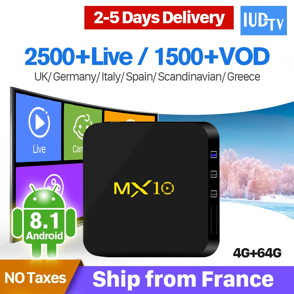 Europe MX10 4G+64G Android 8.1 UK Germany Spain Italy Sweden Albania Subscription IPTV 1 Year IUDTV Code 4K 2.4GHz WiFi IP TV Europe MX10 4G+64G Android 8.1 UK Germany Spain Italy Sweden Albania Subscription IPTV 1 Year IUDTV Code 4K 2.4GHz WiFi IP TV