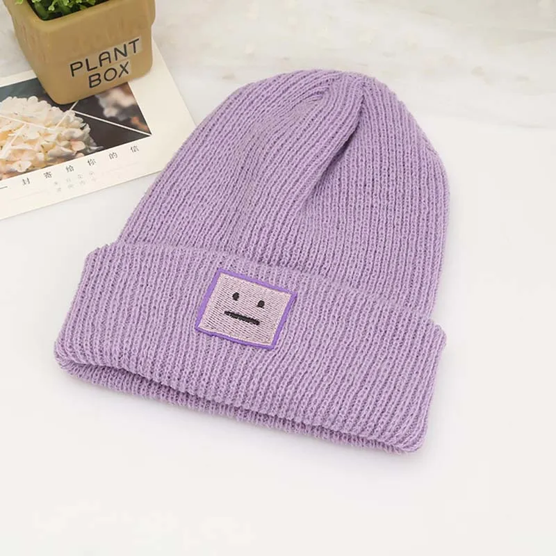 Теплые шерстяные вязаные шапки на осень, зиму и весну, женские повседневные Шапки со смайликом и ушками, шапка Skullies Beanies для женщин, мужчин, влюбленных - Цвет: Purple