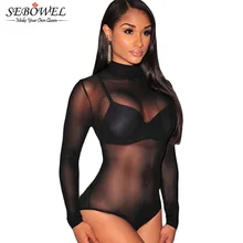 SEBOWEL сексуальный черный сетчатый без подкладки боди для женщин с длинным рукавом Прозрачный боди облегающий женский сетчатый клубный комбинезон боди