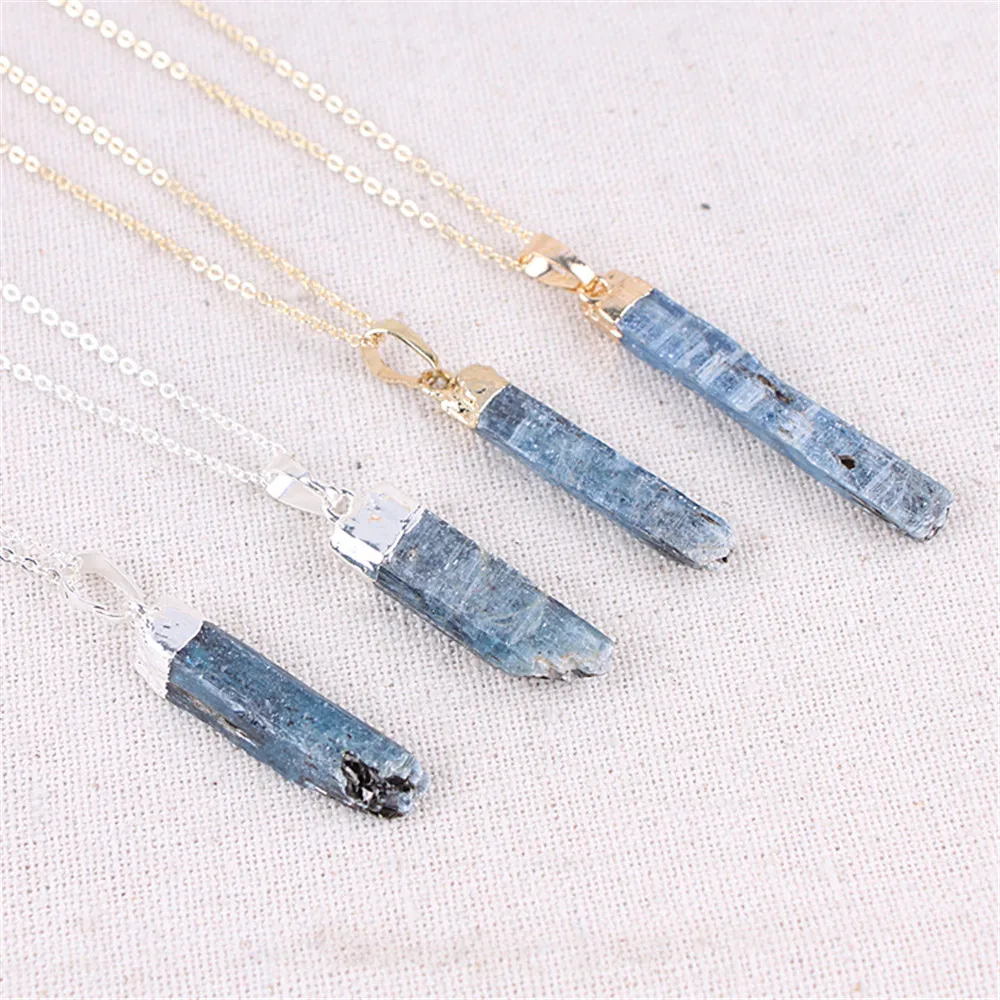 

Electroplated Blue Crystal Column Necklace Gold Long Simple Clavicle Chain Female Long Natural Stone Pendant Necklaces